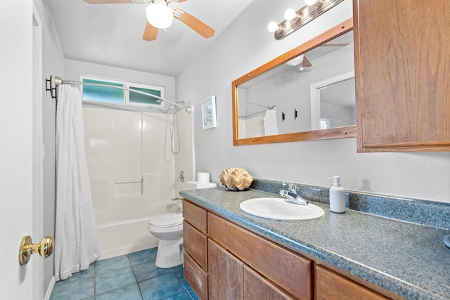 full bathroom with shower / bath combo, toilet, tile patterned floors, vanity, and ceiling fan