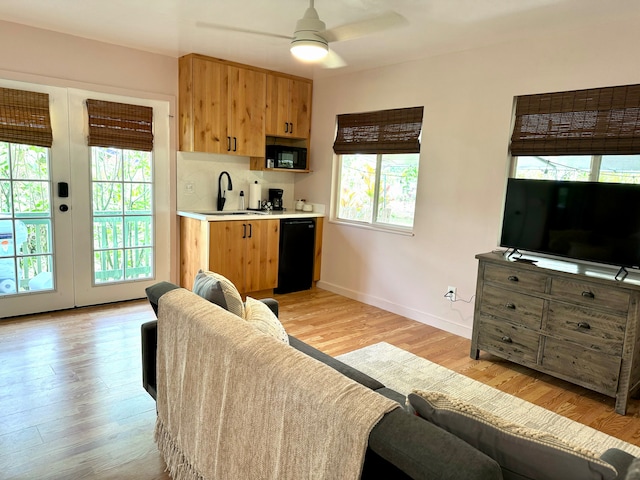 living room with sink, a healthy amount of sunlight, and light hardwood / wood-style flooring