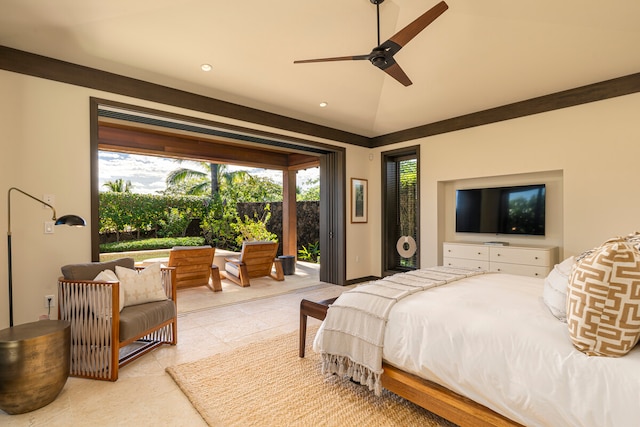 tiled bedroom featuring ceiling fan and access to exterior