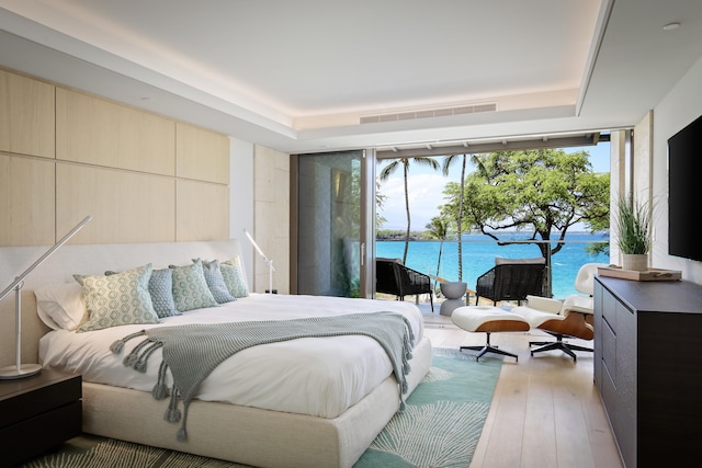 bedroom featuring hardwood / wood-style floors, access to exterior, and a tray ceiling