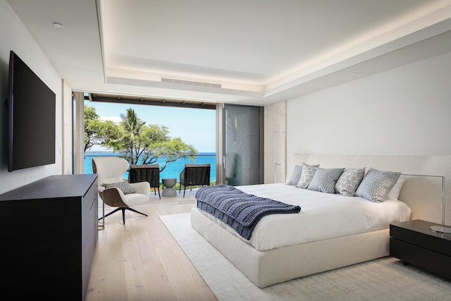 bedroom featuring access to outside, light wood-type flooring, a water view, and a tray ceiling