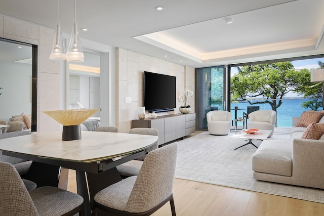 interior space with light hardwood / wood-style flooring and a tray ceiling