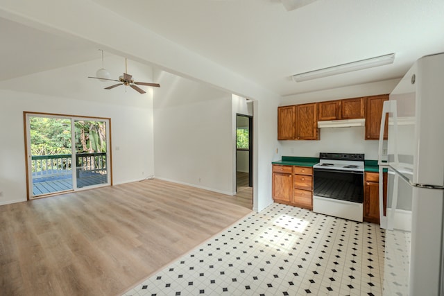 kitchen featuring light hardwood / wood-style flooring, ceiling fan, white appliances, and vaulted ceiling