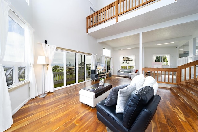 living room featuring a wealth of natural light, wood-type flooring, and a high ceiling