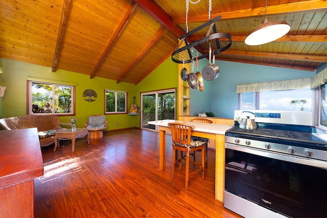 kitchen featuring stainless steel stove, plenty of natural light, hardwood / wood-style flooring, and wooden ceiling