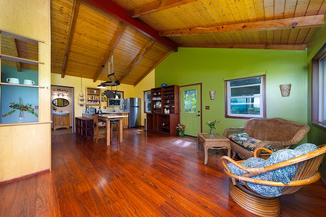 living room with wooden ceiling, dark hardwood / wood-style floors, and lofted ceiling with beams