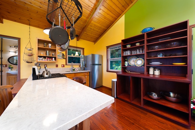 kitchen with stainless steel appliances, dark hardwood / wood-style flooring, hanging light fixtures, sink, and wooden ceiling