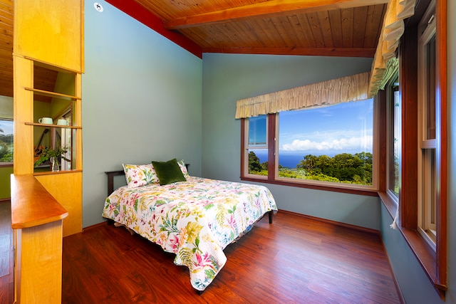 bedroom with dark hardwood / wood-style flooring, vaulted ceiling with beams, and wood ceiling