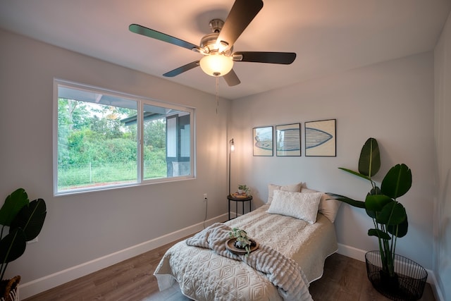 bedroom featuring dark hardwood / wood-style flooring and ceiling fan