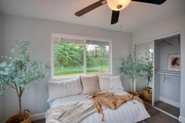 interior space with ceiling fan and dark hardwood / wood-style flooring