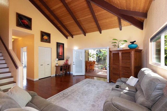 living room with beam ceiling, wooden ceiling, high vaulted ceiling, and dark wood-type flooring