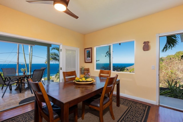 dining space featuring ceiling fan, hardwood / wood-style floors, and a water view