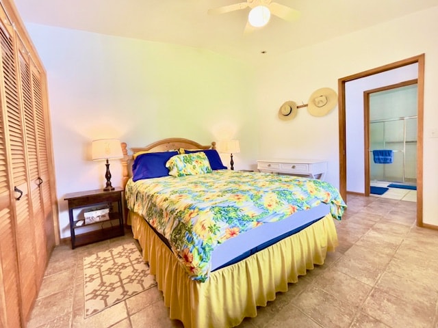 bedroom with ceiling fan and a closet