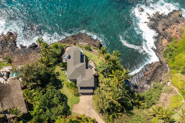 drone / aerial view with a water view