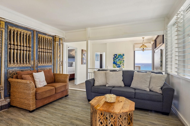 living room with ornamental molding and hardwood / wood-style flooring