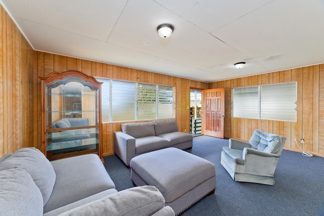 living room with dark carpet and wooden walls