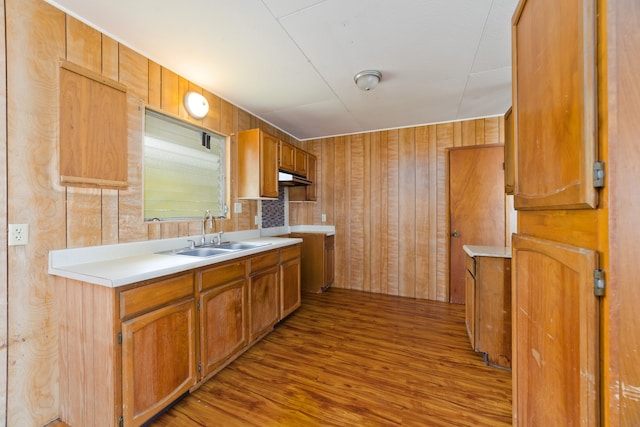 kitchen with wood walls, sink, and light hardwood / wood-style flooring