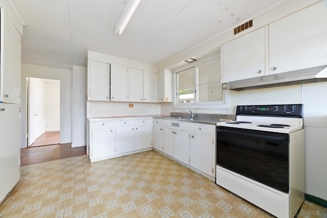 kitchen with light wood-type flooring, sink, white cabinetry, and electric stove