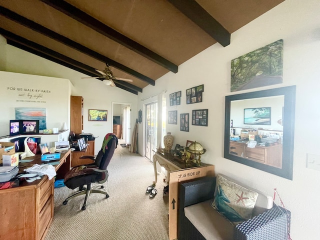 carpeted office with ceiling fan and lofted ceiling with beams