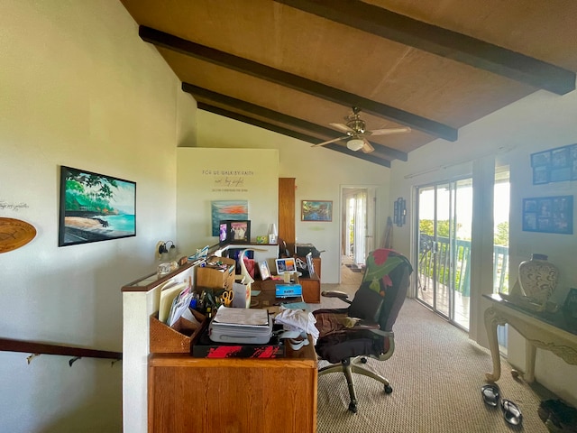 office area featuring lofted ceiling with beams, carpet flooring, and ceiling fan