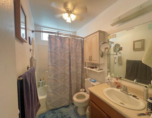 full bathroom with toilet, ceiling fan, vanity, shower / bathtub combination with curtain, and tile patterned flooring