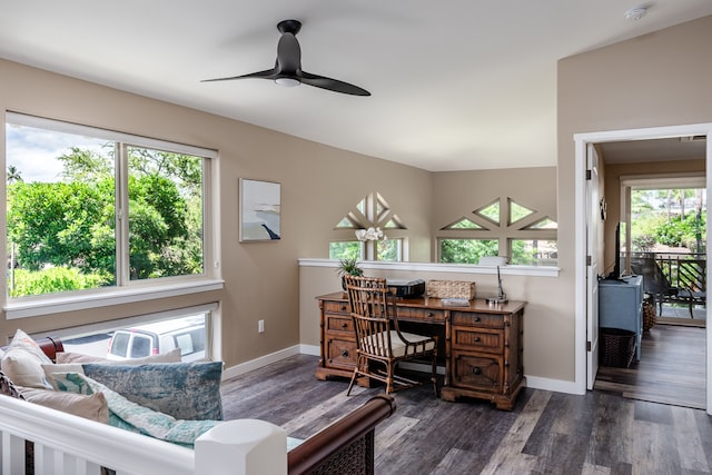 office space with dark hardwood / wood-style floors and ceiling fan