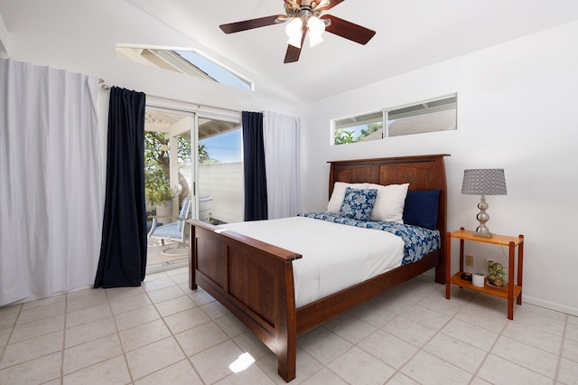 bedroom with ceiling fan, light tile patterned floors, and lofted ceiling