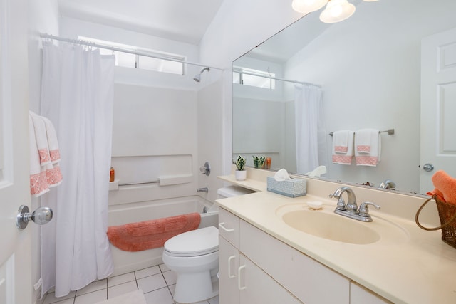 full bathroom featuring vanity, toilet, tile patterned floors, and shower / bath combination with curtain