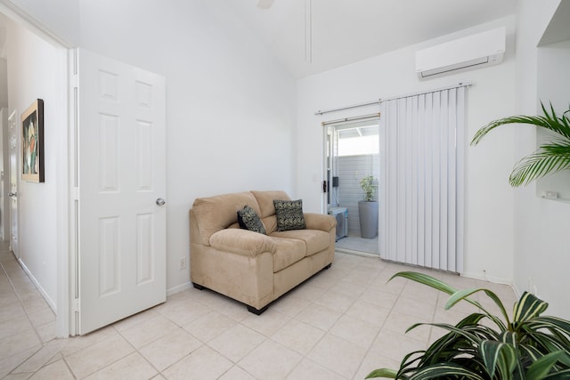 living area featuring a wall mounted air conditioner and high vaulted ceiling