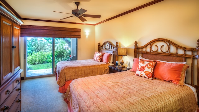 bedroom featuring ornamental molding, access to exterior, carpet, and ceiling fan