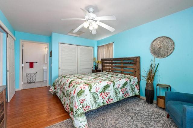 bedroom featuring a closet, ceiling fan, and hardwood / wood-style floors