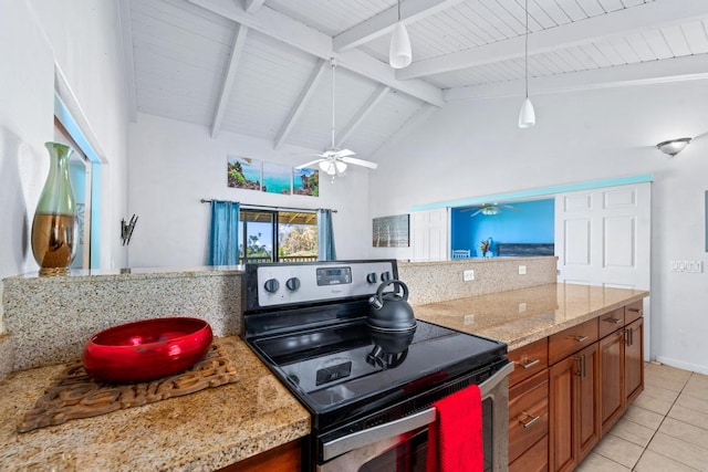 kitchen with beamed ceiling, high vaulted ceiling, pendant lighting, stainless steel electric stove, and light tile patterned floors