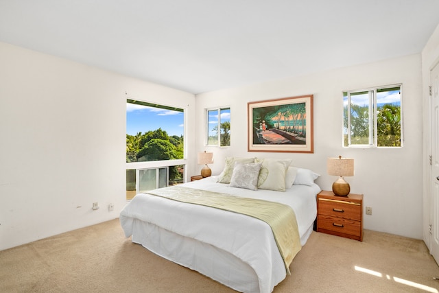 bedroom with light colored carpet and multiple windows