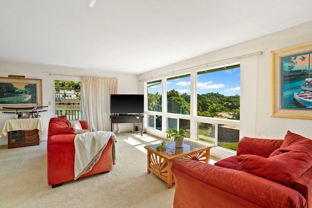 living room with light colored carpet and plenty of natural light