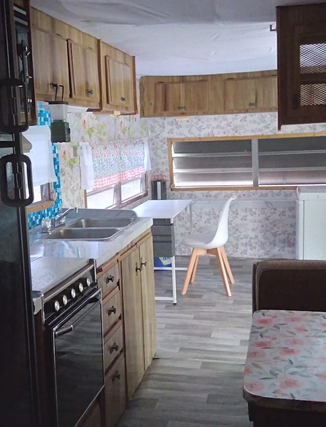 kitchen featuring black appliances, sink, hardwood / wood-style floors, and tasteful backsplash