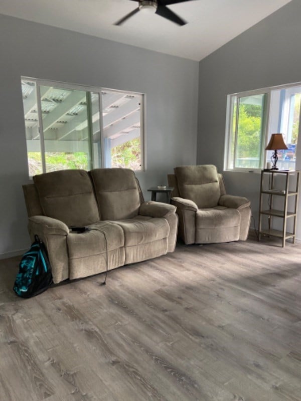 living room with ceiling fan, wood-type flooring, and vaulted ceiling