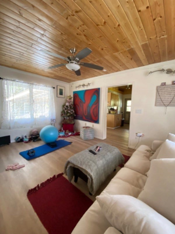 living room featuring ceiling fan, wooden ceiling, and hardwood / wood-style floors