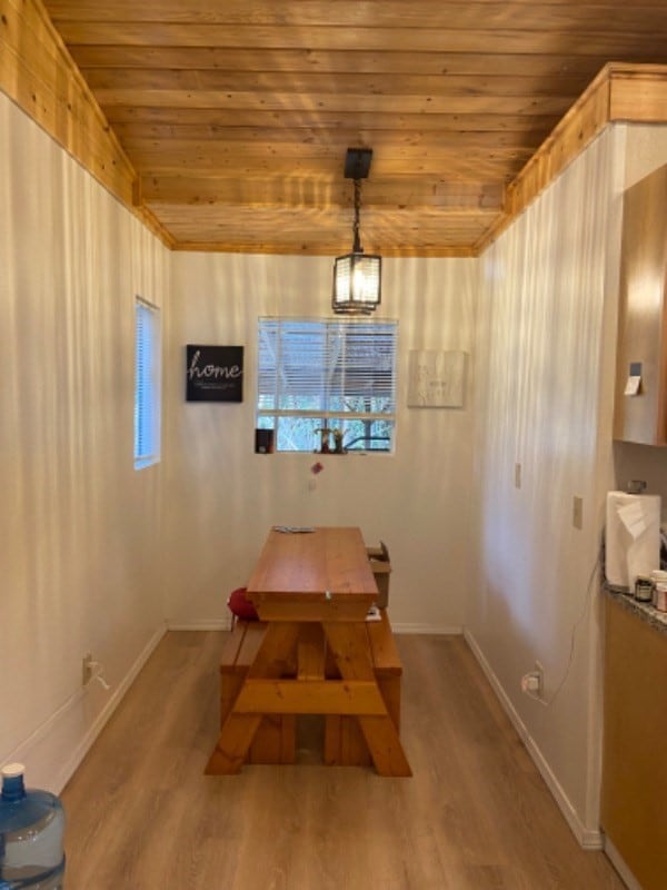 unfurnished dining area featuring light hardwood / wood-style floors and wooden ceiling