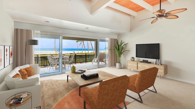 carpeted living room with beam ceiling, ceiling fan, and wooden ceiling