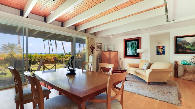 dining area with beamed ceiling, light wood-type flooring, and wooden ceiling