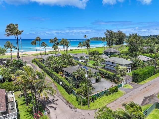 bird's eye view with a beach view and a water view