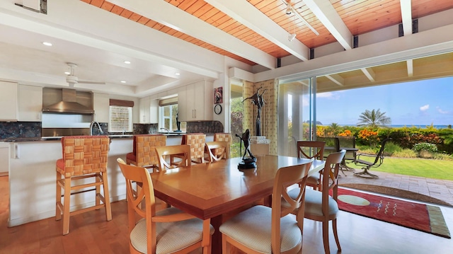 dining area with beam ceiling, ceiling fan, wood ceiling, and light wood-type flooring