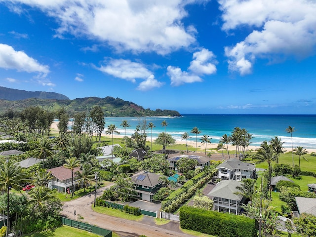 bird's eye view with a view of the beach and a water view