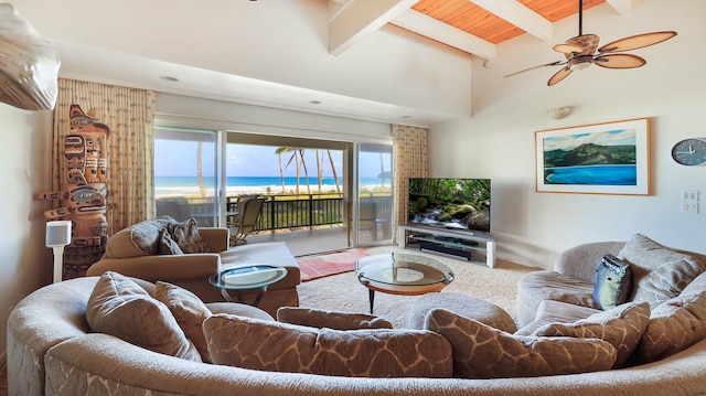 living room featuring vaulted ceiling with beams, ceiling fan, and wooden ceiling