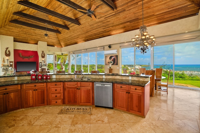 kitchen with a water view, plenty of natural light, sink, wooden ceiling, and stainless steel dishwasher