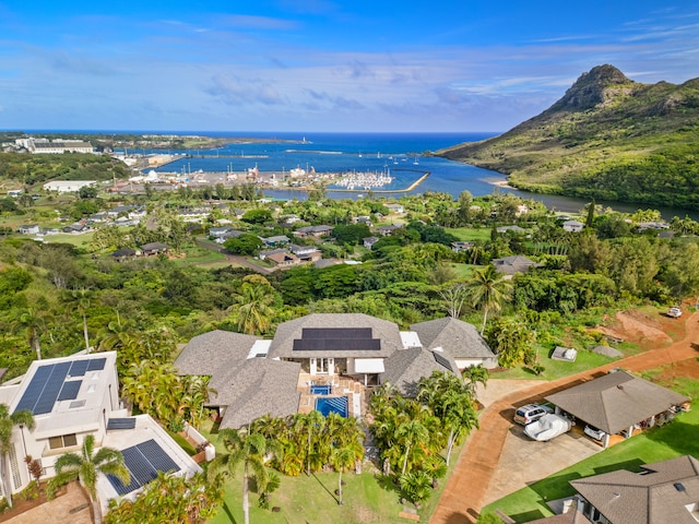 drone / aerial view with a water view