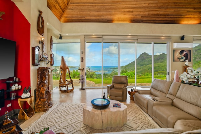 living room with a mountain view, high vaulted ceiling, a wealth of natural light, and wooden ceiling