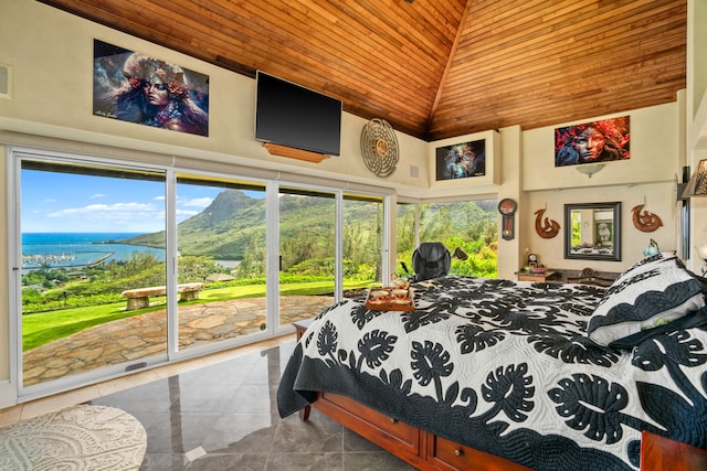 tiled bedroom with wooden ceiling, a towering ceiling, and access to outside