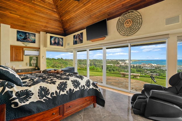 tiled bedroom with wooden ceiling, a wall unit AC, access to exterior, and multiple windows