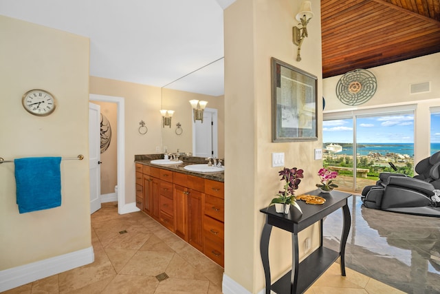 bathroom with vanity, tile patterned flooring, wooden ceiling, and a water view